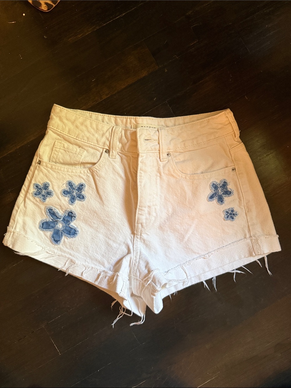 PacSun Light Pink Denim Shorts with Blue Flower Patches